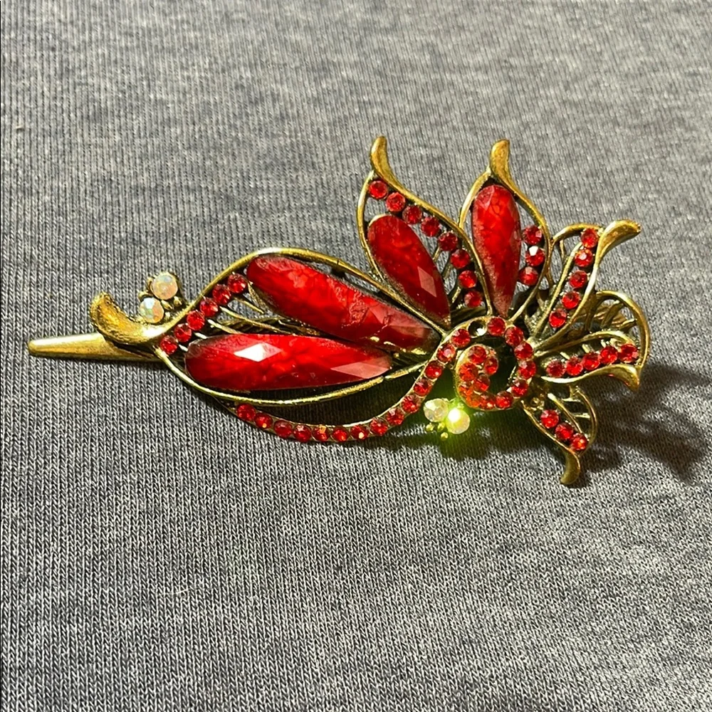 Vintage Elegant Red and Gold Floral hair clip